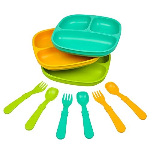 Re-Play Toddler Dinnerware Set - 3 Divided Plates with 3 Fork and Spoon Sets - BPA-Free Kids Tableware - Dishwasher Safe - Made in USA from Recycled Materials, Aqua/Yellow/Lime