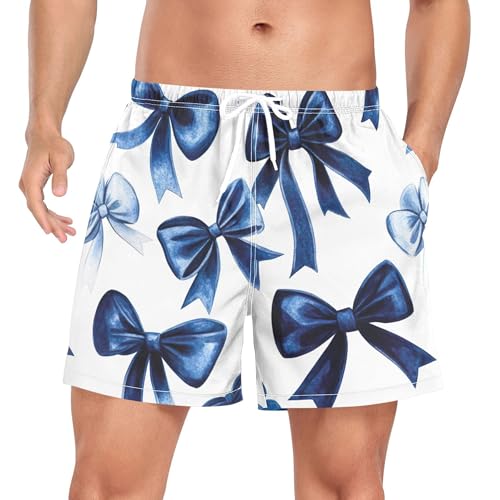 xigua Watercolor Blue Velvet Bows Mens Swim Trunks with Liner, 5 inch Quick Dry Mens Boardshorts for Beach