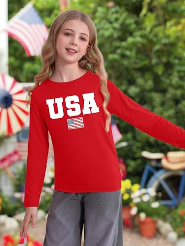 Image of Ithalt 4th of July Outfit Kids Girls American T Shirt USA T-Shirt Fourth of July Tops Patriotic Long Sleeve Tops