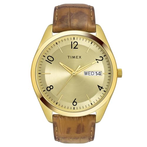 TIMEX Classics Analog Watch for Man with Champagne Round Dial & Tan Leather Strap Band Water Resistant Men's Wrist Watches - TWTG10400