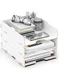 Lesfit Letter/File Tray, wooden Document Tray, Desk Organiser, A4 Format, 3 Layers stackable, White