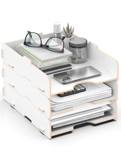 Lesfit Letter/File Tray, wooden Document Tray, Desk Organiser, A4 Format, 3 Layers stackable, White