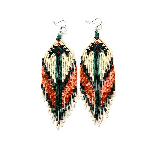 Buybeaded Handmade beaded native american style glass seed bead earrings Pendientes de cuentas nativas al estilo mexicano de artesanos gifts for women (Cream)