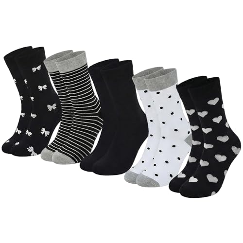 Briyat 5 Paires Chaussettes Femme Coton Colorées 39-42/35-38 Mi-Hautes Sport Confortables Hiver Respirantes Motifs Rayures Pois