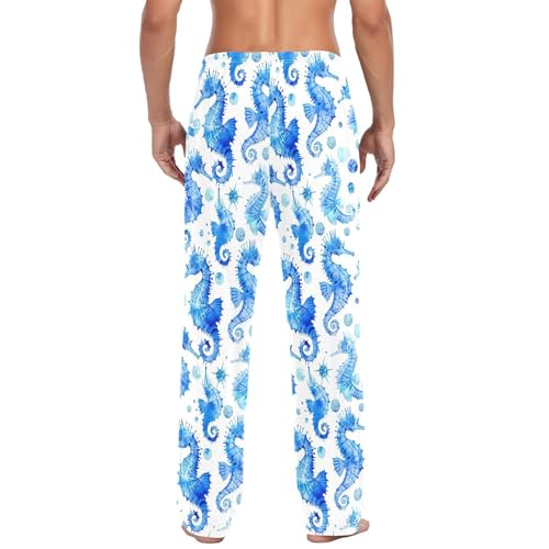 Blue Seahorses Pattern Men's Pajamas Pants Cotton Sleep Bottoms Pants Lounge Sleepwear - S3