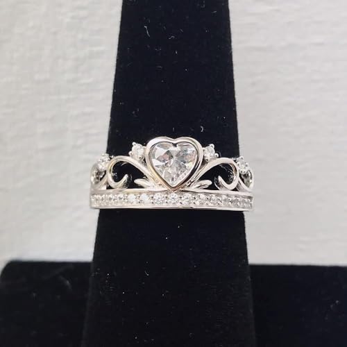 Princess Queen Crown Ring 925 Sterling Silver Shiny Eternity Heart-Shaped Cubic Zirconia Crystal Diamond Promise Ring Zircon Jewelry for Women (Size 8)2