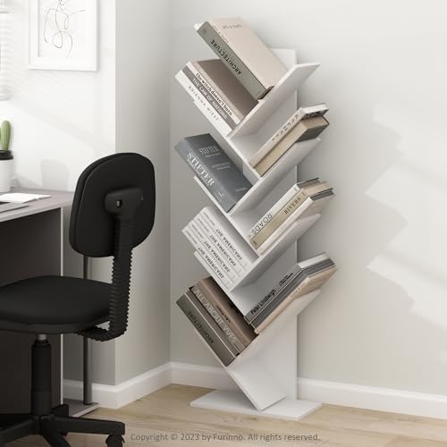 Image of Furinno TREE Book Shelf, 9-Tier Bookshelf, Tree Bookcase with Angled Open Shelf, 8.4 x 15.7 x 50.9, for Room Decor, for Living Room, Bedroom, Home Office, White
