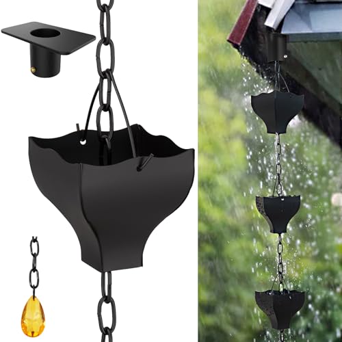 Rifachua 8.5ft Black Rain Chain for Gutters Downspouts Outside, Rain Chains Black Cups Barrel, Functional and Decorative Replacement for Gutter Downspouts