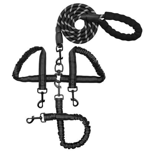 Mayhug Guinzaglio per cani 3 in 1, resistente, senza grovigli, staccabile, triplo guinzaglio con manico imbottito e elastico per camminare con uno, due, tre cani, avventure all'aperto