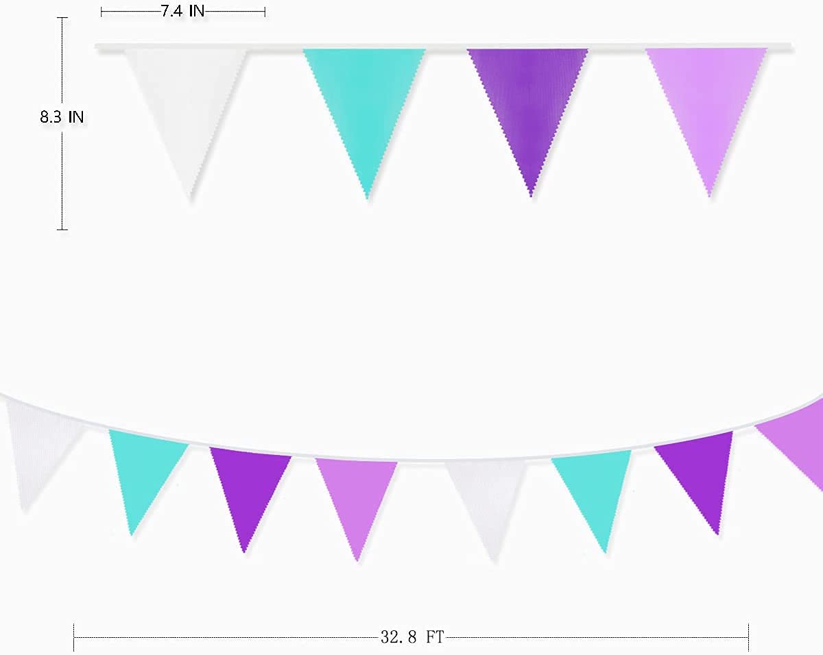 10M/32.8Ft Fabric Bunting Banner Purple White Bunting Party Decorations Cotton Triangle Flag Garland Pennant for Little Mermaid Girls Birthday Wedding Bachelorette Baby Shower Under The Sea Parties - Image 3