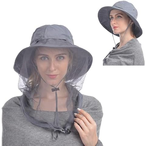USHAKE Head Net Hat, Safari Hat Sun Hat Bucket Hat with Hidden Net Mesh Grey Cover