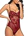 ADOME Womens Valentines Day One Piece Lingerie Lace Fishnet Teddy Bodysuit Mesh Babydoll Romper Jumpsuit Dark Red S