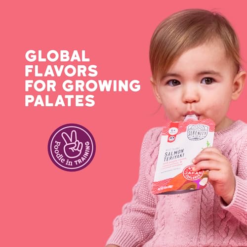 Serenity Kids 6+ Months Organic Baby Food Pouch - 3.5 oz, Pack of 12, Salmon Teriyaki - 5g Protein Nutrient-Packed Puree - Savory Salmon Teriyaki - No Added Sugar - On-The-Go Pouch for Baby Snacks