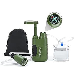 Purewell Water Purifier Pump with Replaceable Carbon 0.01 Micron Water Filter, 4 Filter Stages, Portable Outdoor Emergency and Survival Gear – Camping, Hiking, Backpacking