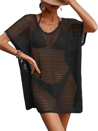 Womens Oversized Crochet Beach Dresses Summer 2025 Scoop Neck Cap Sleeve Bathing Suit Cover Up Mini Dress