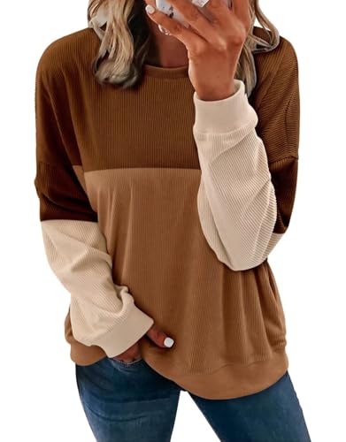 KISSMODA Women's Casual Long Sleeve Sweatshirt Color Block/Solid Crewneck Corduroy Pullover Cute Tops