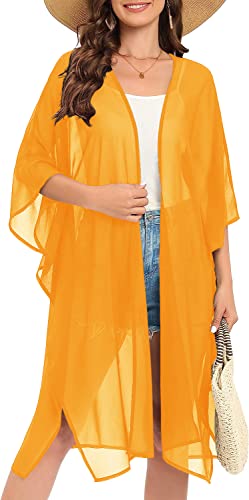 Image of Indian Trendy Women's Solid Puff Sleeve Kimono Long Cardigan Loose Cover Up Casual Blouse Top Chiffon