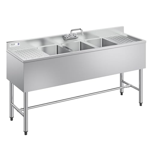 VEVOR Évier de Cuisine à 3 Cuves de 25,4x35,6x25,4 cm, Évier Autoportant pour Station de Bar 152,4 cm, pour Restaurant Camion-restaurant Bar Maison, en Inox...