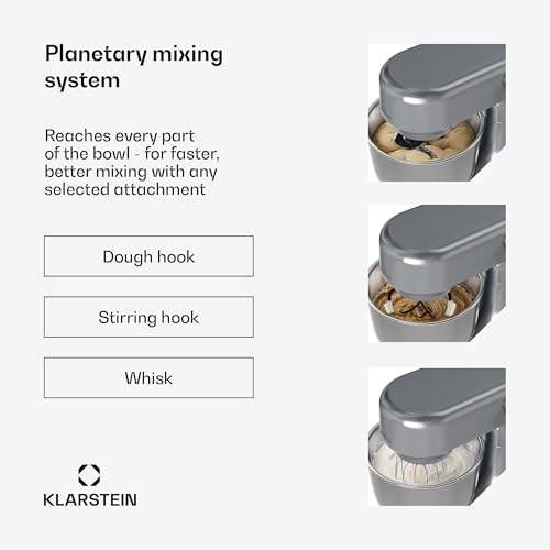 Klarstein Bella Evo robot kuchenny – 1500 W, miska ze stali nierdzewnej 5 l, 12 stopni, system mieszania planet, funkcja pulsu, hak do zagniatania i trzepaczka, mieszadło, przetwarzacz żywności