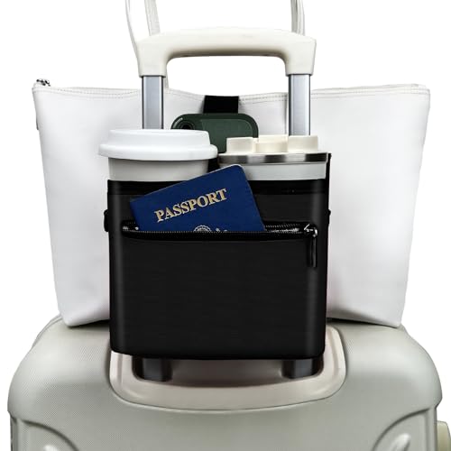 3 in 1 Travel Luggage Cup Holder, Luggage Straps, Shoulder Bag for Suitcases add a Bag，Convenient Travel Carry-on Accessories for Hands-Free Convenience (Black)