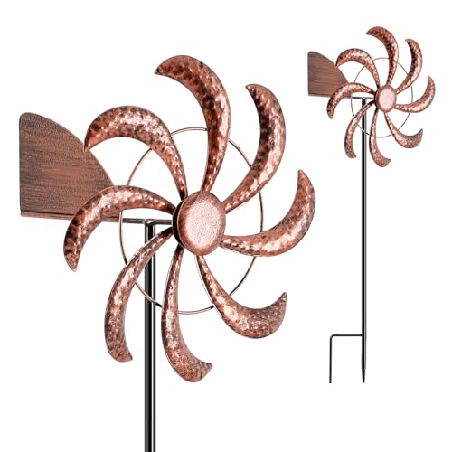 Windrad für Den Garten mit Windfahne Windspiel aus Metall Windmühle Stehend Windspinner Groß Gartenstecker Windsack Windräder Balkon Vogelabwehr Outdoor Gartendeko für Draußen Wetterfest (Bronze)