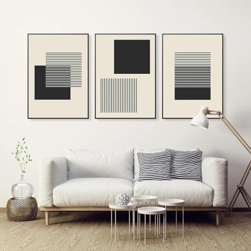 Peinture d'affiche abstraite noire et beige motifs géométriques pour salon 40x60cmx3 sans cadre