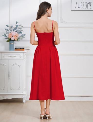 Image of ABEHIK Casual Dresses for Women Boho Spaghetti Strap Corset Midi Dress with Pockets Low Cut Flowy Pleated Bustier Sundress