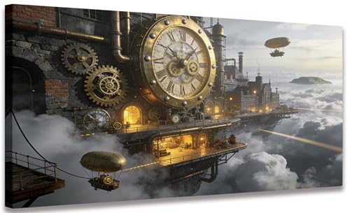 Steampunk Airship Framed Canvas Wall Art, Clock Tower Floating Factory Print, Industrial Sky City Wall Decor 12x24in Large frame wall art