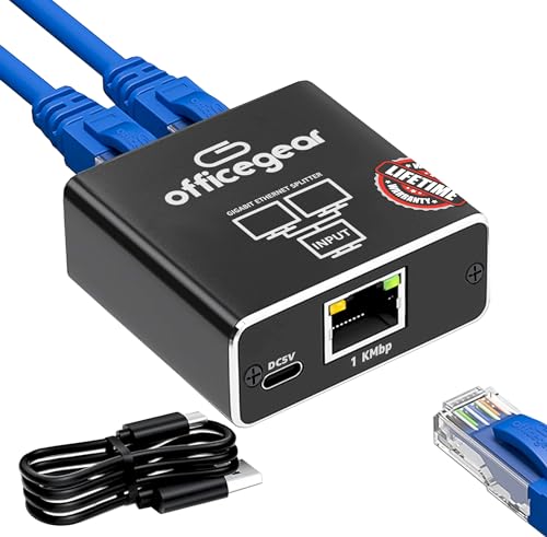officegear Ethernet Splitter: 1 to 2 High Speed 1000Mbps, Gigabit LAN with USB-C Power Cable, RJ45 Splitter for Cat5/5e/6/7/8 Cable – Simultaneous Networking for 2 Devices -Lifetime Operation