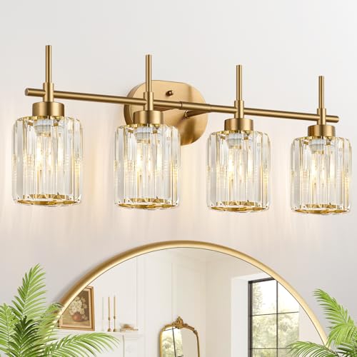 Image of Modern Crystal Bathroom Vanity Light, 4-Light Gold Bathroom Light Fixtures Over Mirror, Crystal Vanity Light with Brushed Gold Finish (Bulbs Not Included)