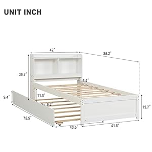 Twin Size Bed with Trundle,Twin Bed Frame with Storage Headboard, Twin Size Trundle Bed with Bookcase for Kids,Bookcase Bed Twin Size, Trundle Bed with Storage for Kids,Teens,Adults(White) Twin Size Bed with TrundleTwin Bed Frame with Storage Headboard Twin Size Trundle Bed with Bookcase for KidsBookcase Bed Twin Size Trundle Bed with Storage for KidsTeensAdultsWhite