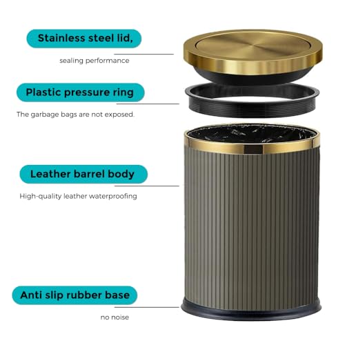 Image of 4 Gallon / 15L Trash Can Bathroom with Swing Lid, Grey Gold Garbage Can, Leather Modern, Large Office Waste Basket, for Bedroom, Kitchen, Powder Room, Hotel, Business(15L Grey)