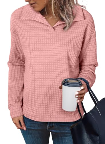 SHEWIN Fall Women Sweatshirt Long Sleeve Lightweight Shirts Spring V Neck Pullover Tops Casual Fashion 2025,US 12-14(L),Pink