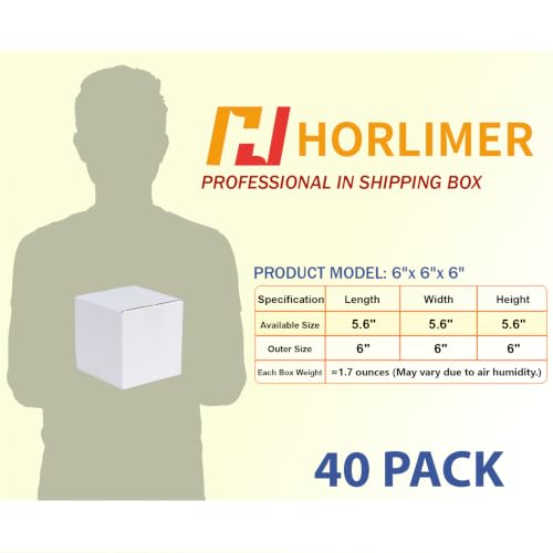 Image of HORLIMER 40 Pack 6x6x6 Shipping Boxes, White Corrugated Cardboard Box for Mailing, Packaging, Small Business