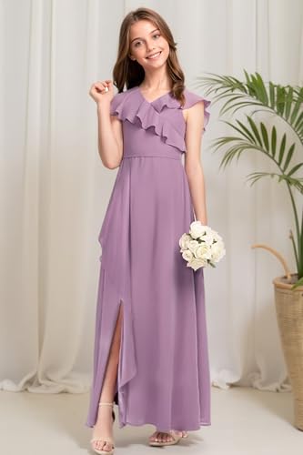 Chiffon Flower Girl Dresses for Wedding Junior Girl Bridesmaid Dresses for Teen Girls with Slit3