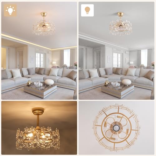 Image of 20 inch Gold Fandelier Ceiling Fan with Light, Flower Crystal Chandelier Ceiling Fan with Light and Remote Control, Modern Caged Enclosed 6 Speeds for Girl's Bedroom, Nursery, Living Room