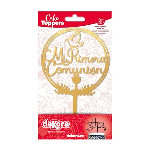 dekora - Cake Topper “Mi Primera Comunión” en Dorado - Decoración para Tartas y Mesas Dulces - Plástico Apto para Contacto Alimentario - 16x9,5 cm - No Comestible
