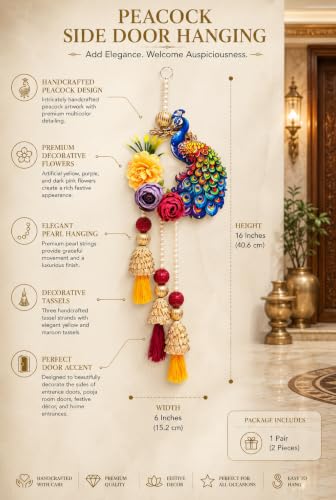 Image of Divyakosh Peacock Side Door Hanging Set of 2 for Home Entrance Decoration, Handmade Decorative Floral Door Hanging with Artificial Flowers, Pearl Bead & Tassels, Main Door Wall Decor for Diwali, Pooja