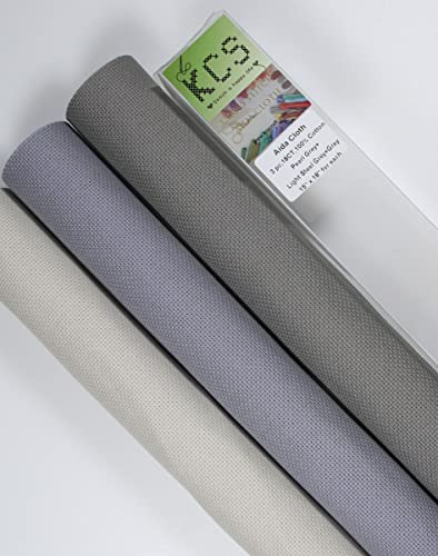 Image of KCS 3 pc of 15 inch x 18 inch Counted Cross Stitch Cotton Aida Cloth Needlework Rolled Fabric Box,18CT,Pearl Grey+Light Steel Grey+Medium Grey
