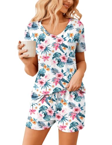 Image of Ekouaer Womens Pajama Sets Short Sleeve Pajamas for Women Sets Soft Lounge Sets Casual V Neck Sleepwear PJS