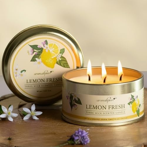 Image of Aromahpure Lemon 3 Wick Candle in Container with Lid | 85g | Burn Time 7 Hours | Scented Candle | Relaxing Aromatherapy Candles for Home Decor, Gifting, Bedroom & Spa