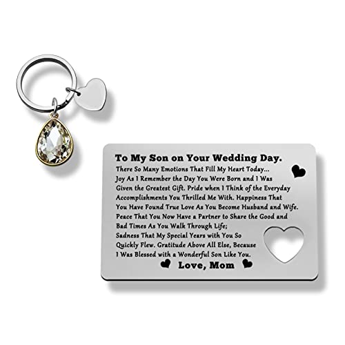 Heigebi To Son Wallet Card Engraved Metal Wallet Card Gift Wedding Gift from Mom to Son Groom Fiance Anniversary Engagement Day Valentine Mini Love Notes for Him Adult Men from Parents