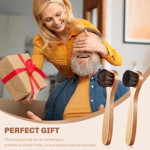 Image of 2 Pcs Horsehair Shine Shoes Brush Kit Polish Dauber Applicators Cleaning Leather Shoes Boots Care Brushes Suede Cleaner Brush(Wooden Long Handle)