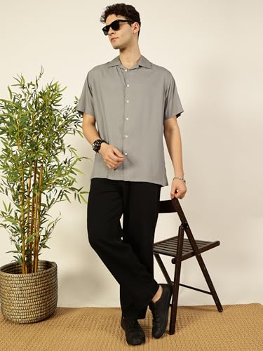 Image of Thomas Scott Men Half Sleeves Camp Collar Oversize Fit Solid Casual Shirt