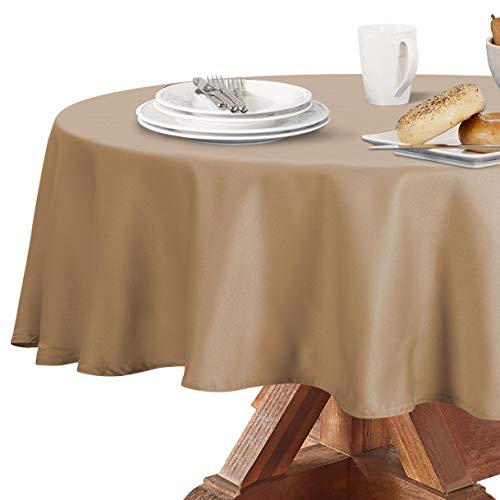 Image of Obstal 210GSM Round Table Cloth, Coffee, 90 Inch Diameter | Water Resistance Microfiber Tablecloth, Decorative Fabric Circular Table Cover for Outdoor and Indoor Use