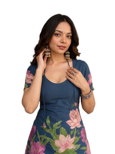 Image of Women's Floral Laila Cut Short Kurti Cotton V-Neck with Lining, Lightweight Short Sleeve Tunic, Breathable, Casual & Office Wear
