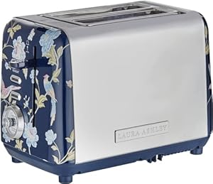 VQ Laura Ashley 2 Plakje Broodrooster met Instelbare Verwarming, Ontdooi- en Opwarmfuncties- Vintage Roestvrijstalen Broodrooster met Croissant Opwarmstandaard - Elveden Marineblauwe