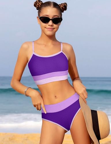 Image of Girls Bathing Suit Color-Block Adjustable Straps Bikini Sets Girls Two Piece Swimsuits with Chest Pad Swimwear 7-18T
