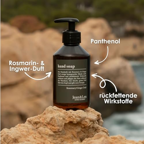 Jean & Len Handseife Rosemary & Ginger, reinigt beanspruchte Hände, für die tägliche Anwendung, Flüssigseife im nachfüllbaren Pumpspender, ohne Parabene, Silikone & Mikroplastik, 250 ml – Bild 4