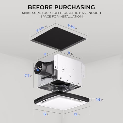 Image of Akicon Bathroom Exhaust Fan with RGB Light, 110 CFM 1.5 Sones Bathroom Vent Fan with Humidity Sensor & Dimmable 3CCT LED Light, Square, Black, No Wall Switch Required